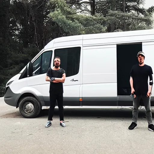 Image similar to a frowning creative director in front of a sprinter van, illustration by jordan grimmer and greg rutkowski