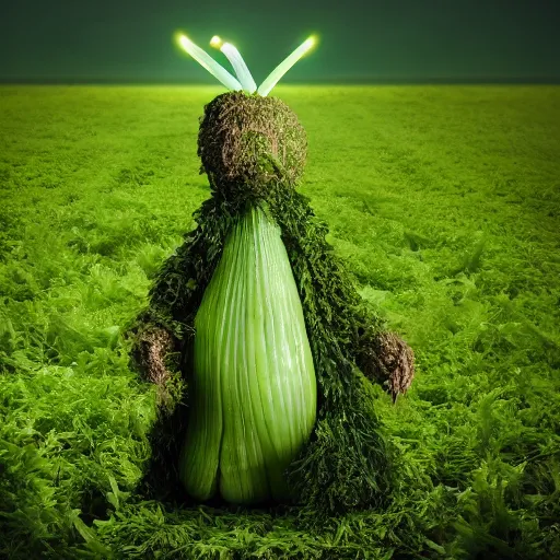 Image similar to a big giant made of vegetables standing in a field holding a green candle above his head, photo realistic, realistic lighting s