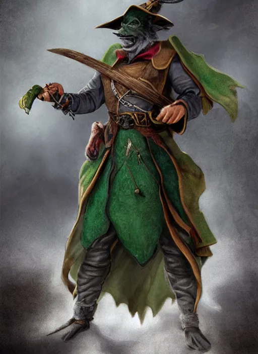 Image similar to ratfolk with a gray beard, tricorne hat, green cape, digital art, fantasy, d & d, warhammer, realistic, detailed