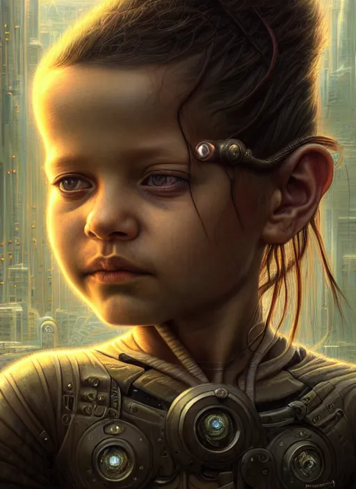 Image similar to closeup portrait shot of a cyberpunk child in a scenic dystopian environment, intricate, elegant, highly detailed, centered, digital painting, artstation, concept art, smooth, sharp focus, illustration, artgerm, tomasz alen kopera, peter mohrbacher, donato giancola, joseph christian leyendecker, wlop, boris vallejo