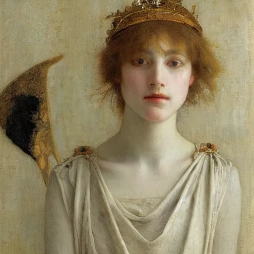 Image similar to portrait of a woman, by edgard maxence, mythological figure, divine, heavenly, beautiful, elegant, ethereal