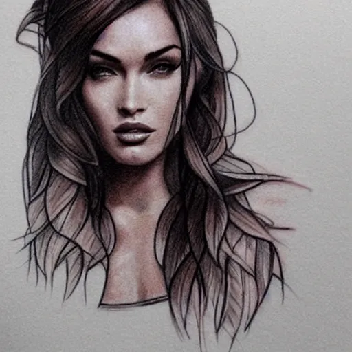 Image similar to realism tattoo sketch of double exposure megan fox with beautiful mountain scenery, in the style of andrey lukovnikov