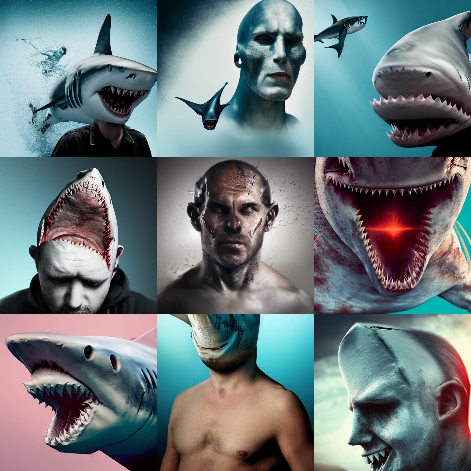 Prompt: man with the head of a shark, cinematic photography, 4k, trending on artstation