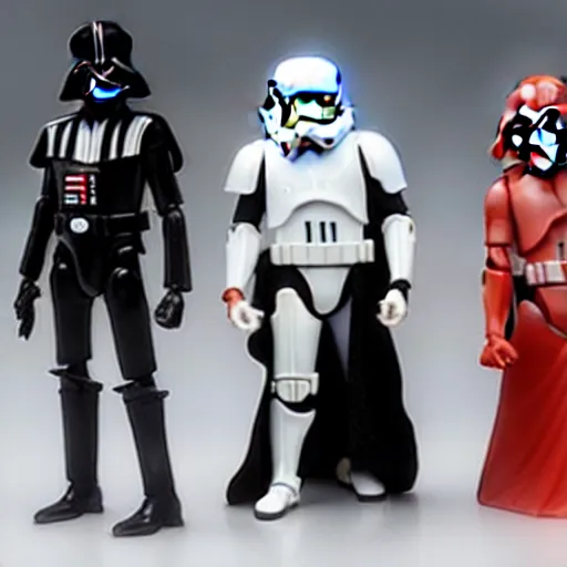 Image similar to starwars in robot chicken show, Darth Vader and stormtroopers, adult swim, action figures