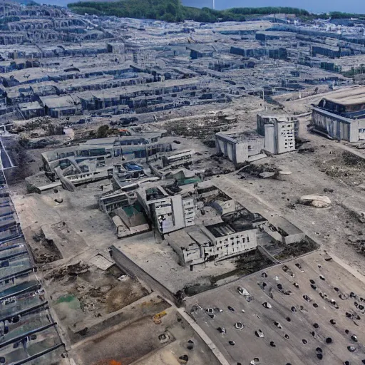 Image similar to brutalist city, prison city, totalitarian prison island, spotlights, military buildings, drones, high walls, dystopian city, prison complex, colorized 8 mm photo