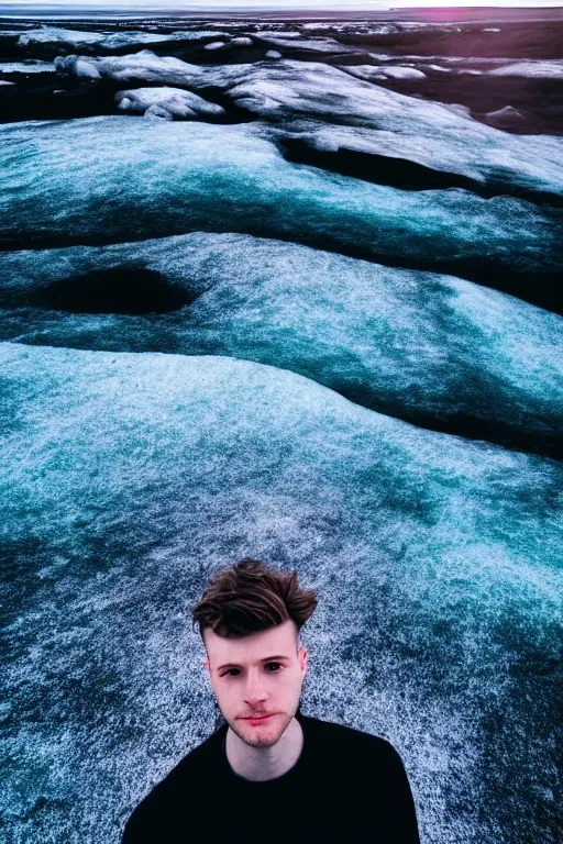 Image similar to high quality pastel coloured film mid angle selfie photograph of a young beautiful man standing in an icelandic black rock environment. atmospheric. three point light. photographic. art directed. ( pastel colours ). volumetric light. stark. waves glitch. 8 k. filmic.