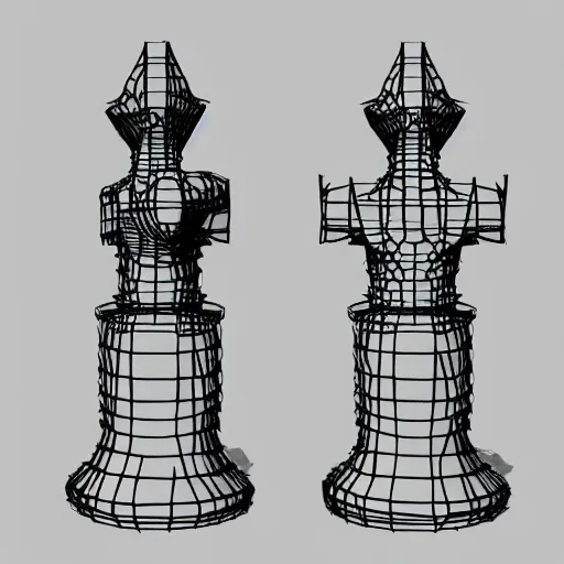 Prompt: chess piece wireframe mesh model, low poly, occult machine