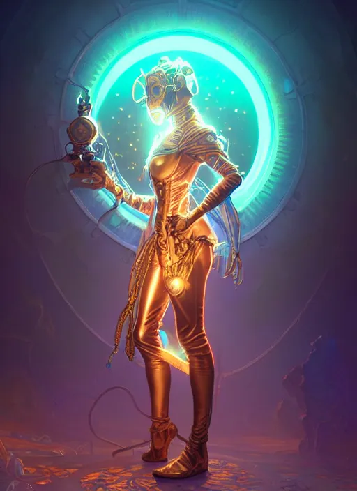 Image similar to a steampunk faceless glowing liquefied stardust adventurer, dnd fantasy character, full body portrait, glowing neon skin, magical aura, ultra realistic, intricate, elegant, highly detailed, digital painting, artstation, smooth, sharp, focus, illustration, art by artgerm and greg rutkowski and alphonse mucha and dan mumford, sacred geometry