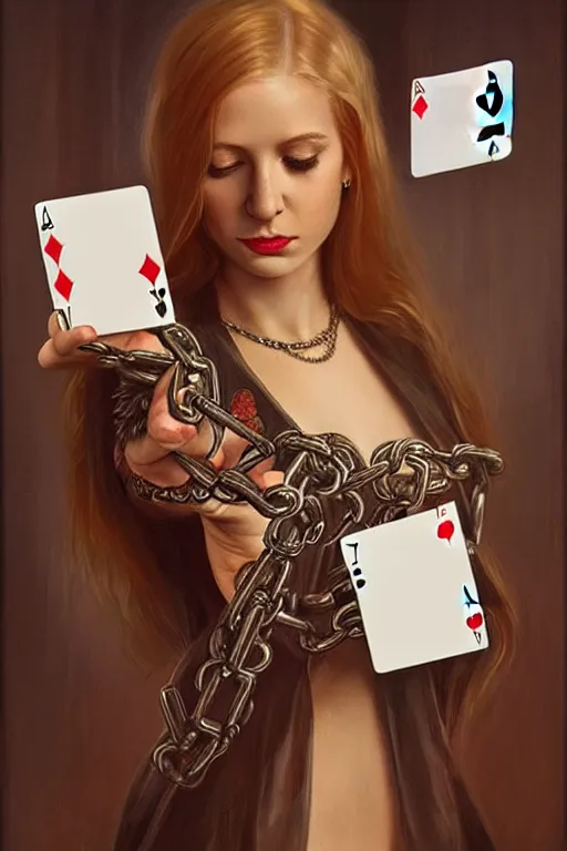 Image similar to female magician holding playing cards, esp cards, tarot cards, crystall ball, realistic, modern, intricate, elegant, highly detailed, digital painting, artstation, concept art, addiction, chains, smooth, sharp focus, illustration, art by ilja repin