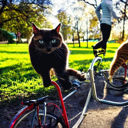 Prompt: cats stealing bycicles in a park in the afternoon, dslr photo