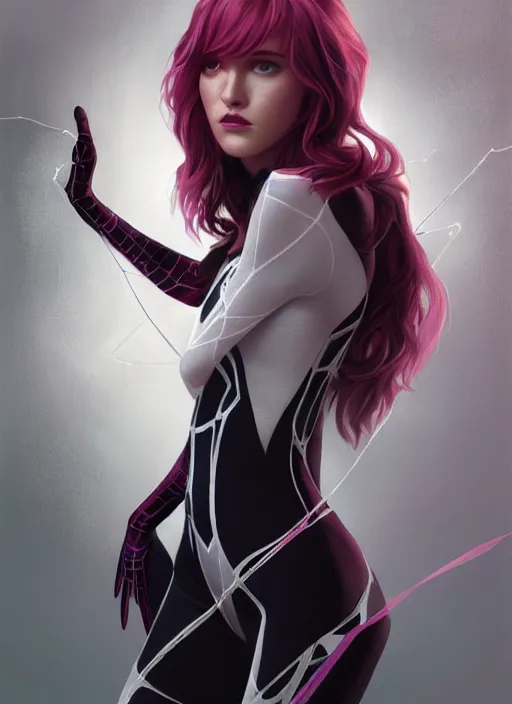 Prompt: ultra realistic illustration, bella thorne as spidergwen, intricate, elegant, highly detailed, digital painting, artstation, concept art, smooth, sharp focus, illustration, art by artgerm and greg rutkowski and alphonse mucha and wlop