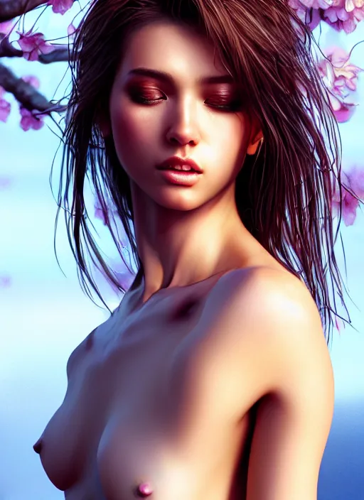 Image similar to photo of a gorgeous female with messy hair in the style of stefan kostic, realistic, body shot, sharp focus, 8 k high definition, insanely detailed, intricate, elegant, art by stanley lau and artgerm, cherry blossoms