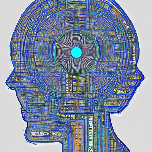 Prompt: symmetric drawing of a woman holding a microprocessor, with an extremely detailed background halo of brain neural networks and mathematical drawings of geometry in the style of moebius, jean giraud