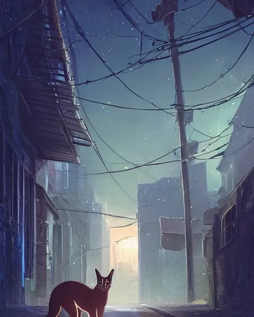 Prompt: big caracal and small cute fluffy caracal in an alleyway, adventure, nightfall. Quiet, serene, calm night. Digital illustration, very vibrant colors, soft lighting, atmospheric lighting, 8K, octane render. By Makoto Shinkai, Stanley Artgerm Lau, WLOP, Rossdraws, warriors fan art, James Jean, Andrei Riabovitchev, Marc Simonetti, krenz cushart, Sakimichan, D&D trending on ArtStation, digital art.