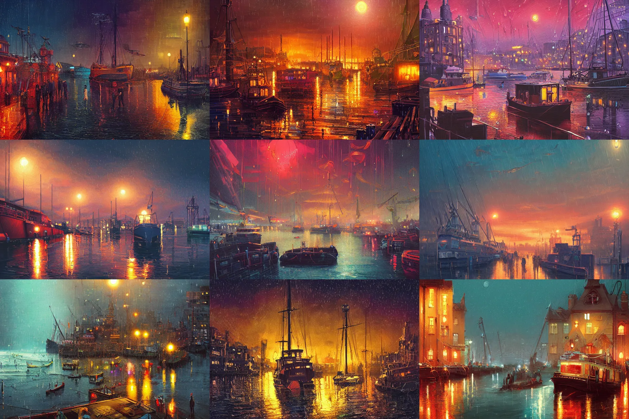 Prompt: victorian harbour night, rain, a beautiful painting, digital art, overdetailed art, concept art, detailed illustration, hd, 4k, digital art, highly saturated colors, Dan Mumford, Greg rutkowski, Victo Ngai