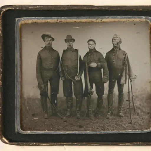 Prompt: tintype photo of hunters with a alien