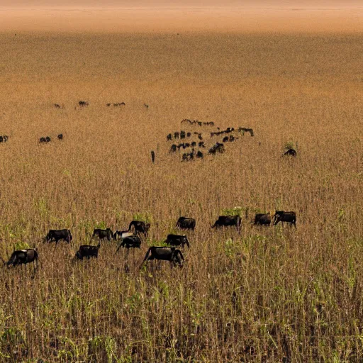 Prompt: tiny green sprouts rummaging in a corn maze chased by a wildebeest on mars, 4k photograph