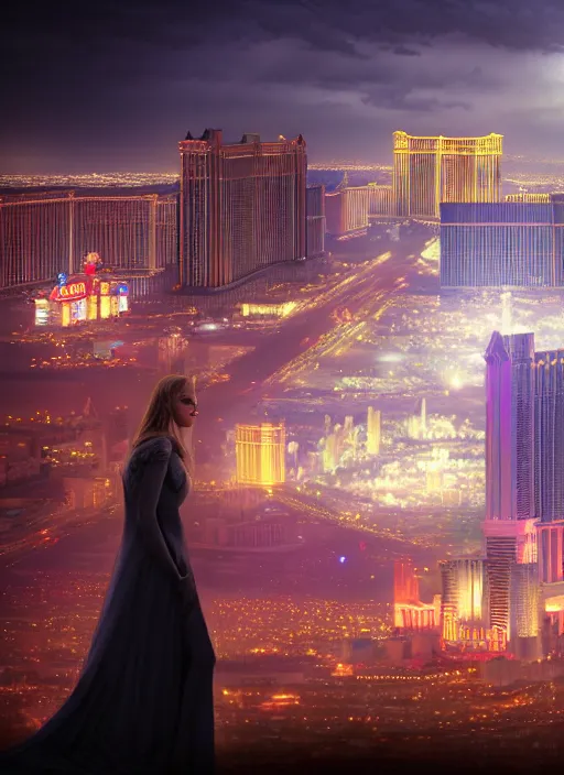 Image similar to realistic matte painting, full length portrait, duchess of blood, night shot of las vegas in background, highly detailed, CGsociety, subtle, concept art, HDR, hyper realistic, volumetric lighting, subsurface scattering, unreal