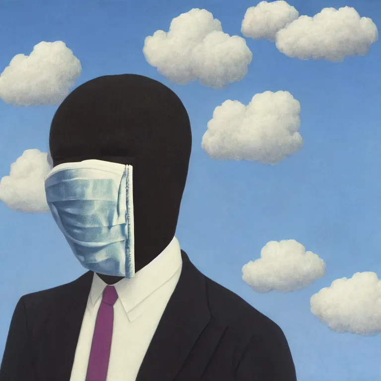 Image similar to portrait of a faceless cloth mask - head man in a suit, clouds in the background, by rene magritte, detailed painting, distance, centered, hd, hq, high resolution, high detail, 4 k, 8 k