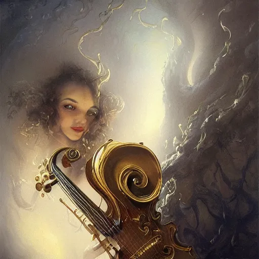 Prompt: bold simple lifelike humanoid baroque oil painting of close view of an ornate gothic violin interior with gold spidery embellishments, night, smoke, ground fog, by peter mohrbacher, by frank frazetta, by alan lee, john howe, da vinci, large depth of field, super detailed, digital art, trending on artstation, ornate