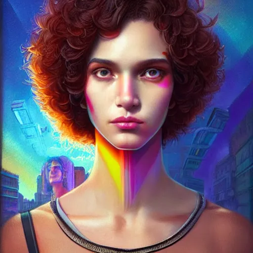 Image similar to Lofi vaporwave cyberpunk portrait beautiful woman with short brown curly hair, roman face, rainbow, Pixar style, Tristan Eaton, Stanley Artgerm, Tom Bagshaw