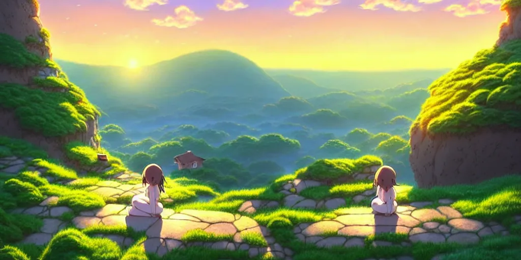 Image similar to the girl and the cat. beautiful sunrise. small village in the mountains. rocky roads, beautifull puffy clouds. anime, studio ghibli. intricate, elegant, super highly detailed, professional digital painting, artstation, concept art, smooth, Unreal Engine 5, 8k resolution, cinema 4d, 3D, beautiful, cinematic