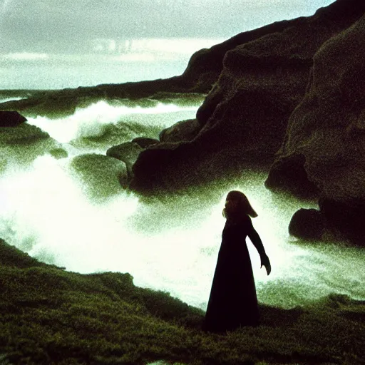 Image similar to dark and moody 1 9 7 0's artistic spaghetti western film in color, a woman in a giant billowy wide long flowing waving dress made out of white sea foam, standing inside a green mossy irish rocky scenic landscape, crashing waves and sea foam, volumetric lighting, backlit, moody, atmospheric