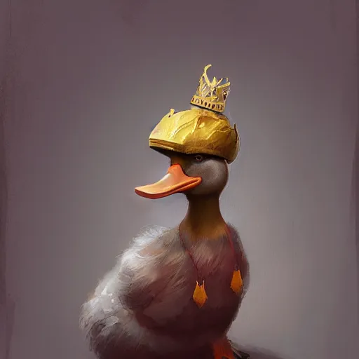 Image similar to A duck wearing a crown, snide expression on his face, sitting on a throne, digital art, artstation, Mandy Jurgens, CGSociety, WLOP