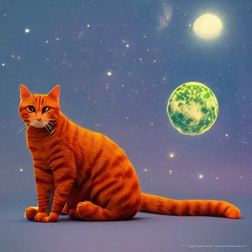 Prompt: A fuzzy orange cat sitting on planet earth, space with stars in the background, trending on artstation, 3D animation, by Beksinski