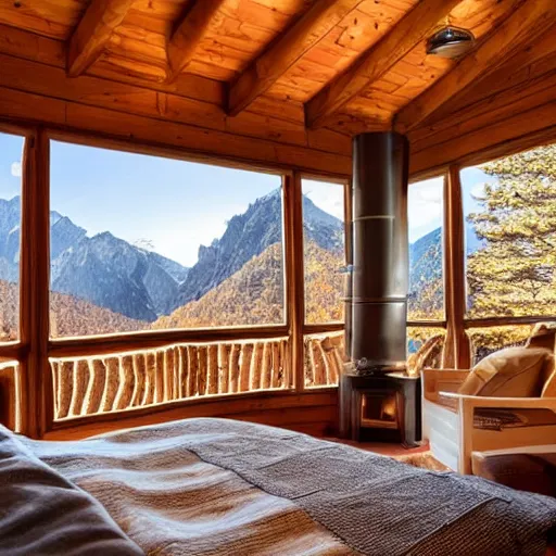 Image similar to interior design of a cabin on a mountain, light brown color scheme, vivid lighting, 4 k