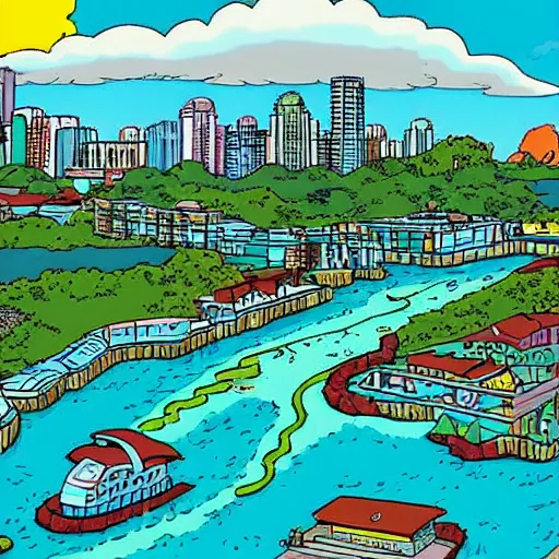 Prompt: towering deep turquoise tidal wave, the wave is crashing down into Springfield where the Simpsons live, on a sunny afternoon, realistic photo of the entire city, UE5