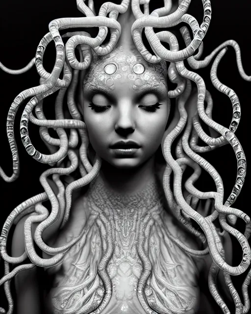 Image similar to mythical dreamy underwater black and white photo of a translucent beautiful female angelic - medusa - vegetal, highly detailed, intricate crystal ivy jelly ornate, poetic, translucent algae ornate, digital art, octane render, 8 k artistic photography, photo - realistic, hg giger