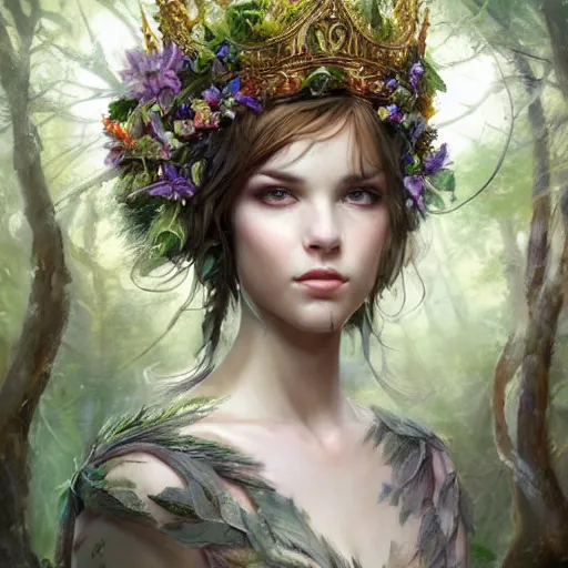 Image similar to A masterpiece portrait of a Incredibly beautiful queer druid girl . The Queen of the Forest.medium shot, intricate, elegant, highly detailed. trending on artstation, digital art, by Stanley Artgerm Lau, WLOP, Rossdraws, James Jean, Andrei Riabovitchev, Marc Simonetti, Yoshitaka Amano