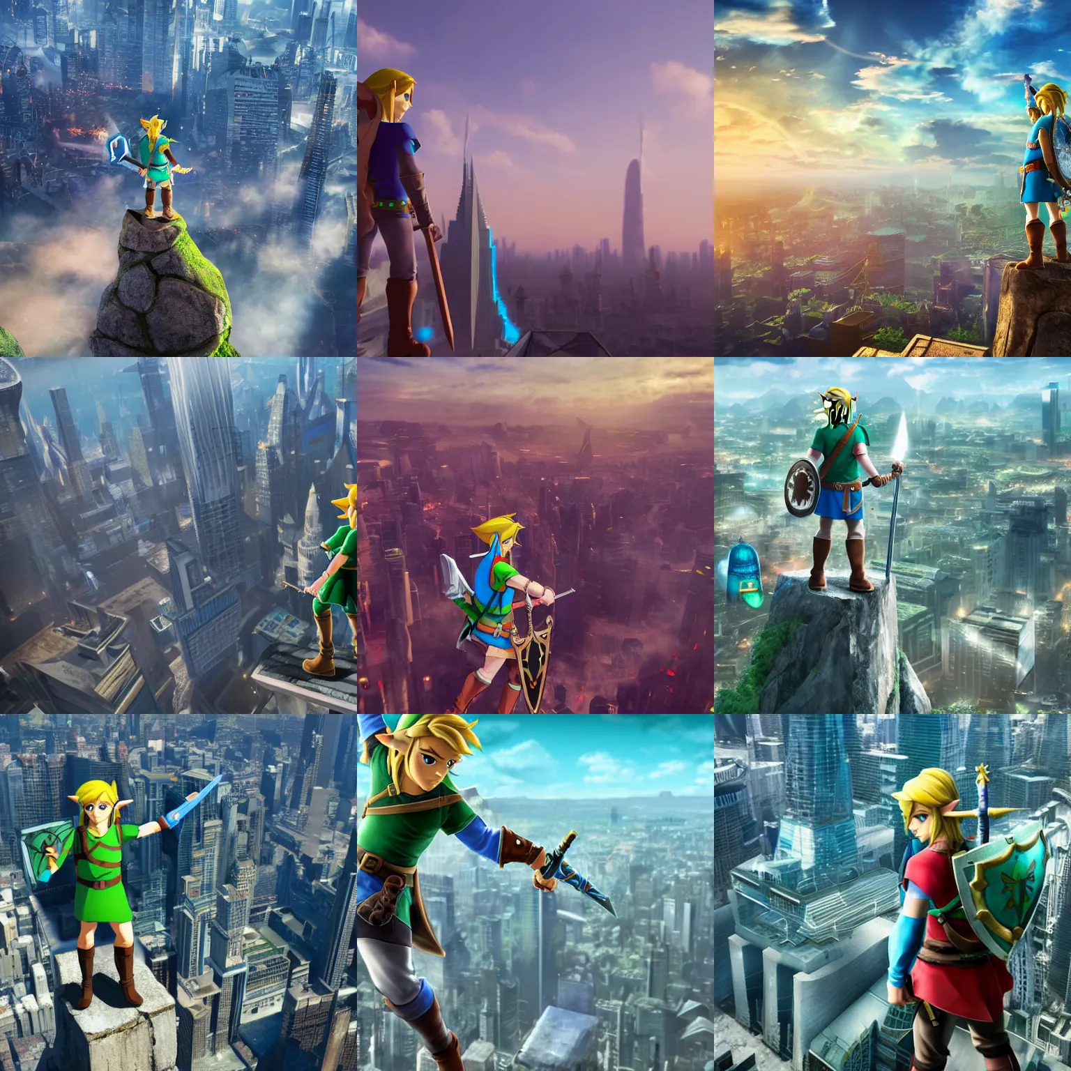 Prompt: link, from Zelda, standing atop a futuristic skyscraper, overlooking a sprawling futuristic metropolis, 8k, wide shot, cinematic, light, 4k