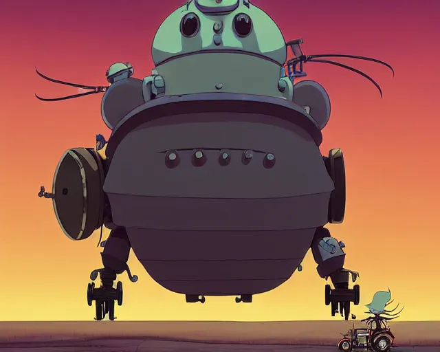 Image similar to a cell shaded cartoon giant grey lovecraftian mechanized beetle from howl's moving castle ( 2 0 0 4 ), with a big head, on a desert road, wide shot, sunset, golden hour, muted colors, post grunge, josan gonzales, wlop, by james jean, victor ngai, hq, deviantart, art by artgem