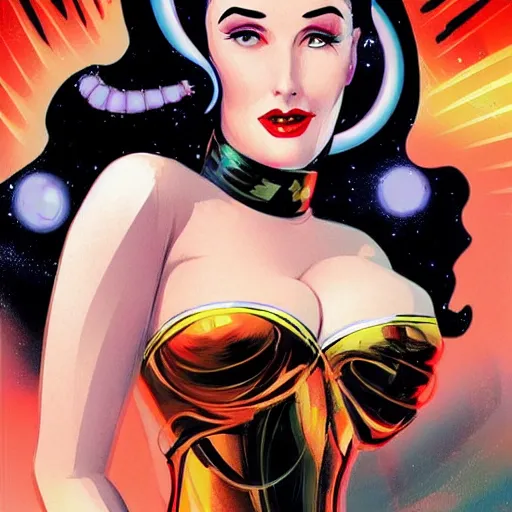 Prompt: a retro sci - fi pinup illustration of dita von teese in the style of anna dittmann and in the style of alex maleev.