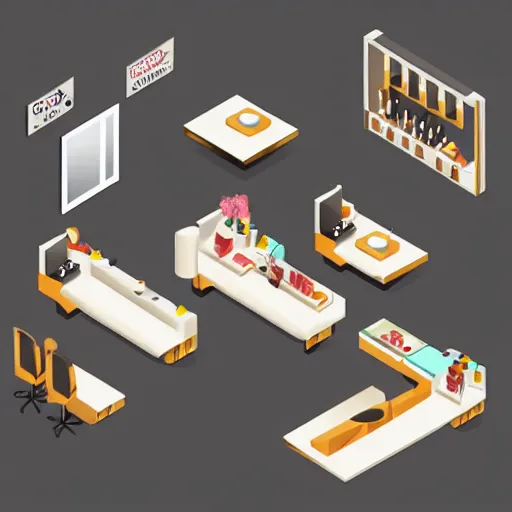 Prompt: isometric cartoon axometric of hair salon in Taiwan with mirrors on walls and air conditioning