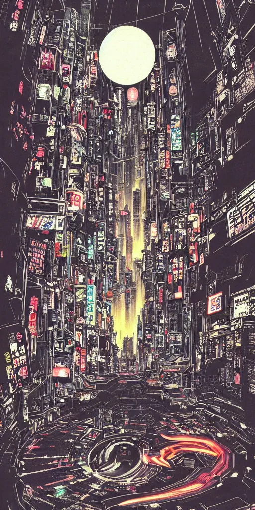 Image similar to beautiful and detailed anime drawing of an AKIRA-like cyberpunk city landscape with light trail from a motorcycle at the bottom and a bridge silhouette at the top, japan at night, 1980s, by Katsuhiro Otomo and mamoru oshii, wide angle, worm\'s eye view, grand, clean, colorful