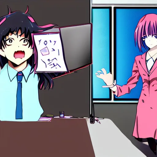 Image similar to anime - styled woman with pink messy hair and a blue dress shirt shows off her presentation, digital art, 9 0's anime, wide angle shot