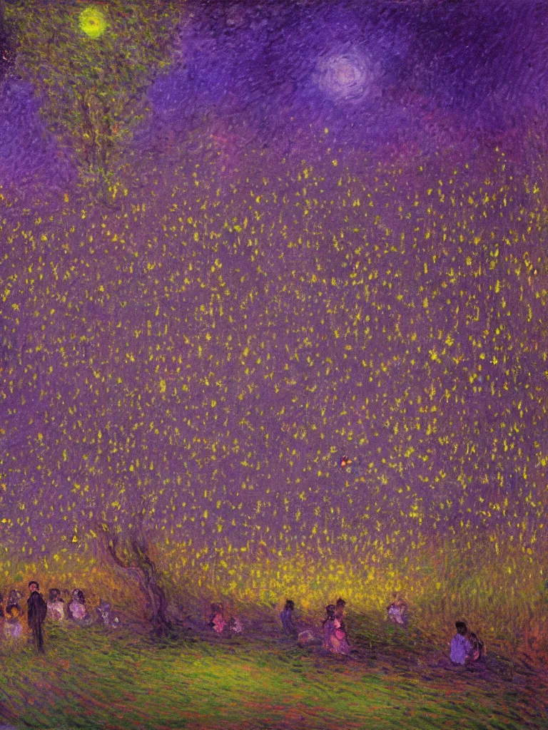 Prompt: gauzy twilight impressionist painting of fireflies in my backyard with an old apple tree waving to the left in a purple cast with people! dancing in the moonlight, dark, intense purplish color oil painting by claude monet and piet mondrian, cosmic trending on artstation 8 k