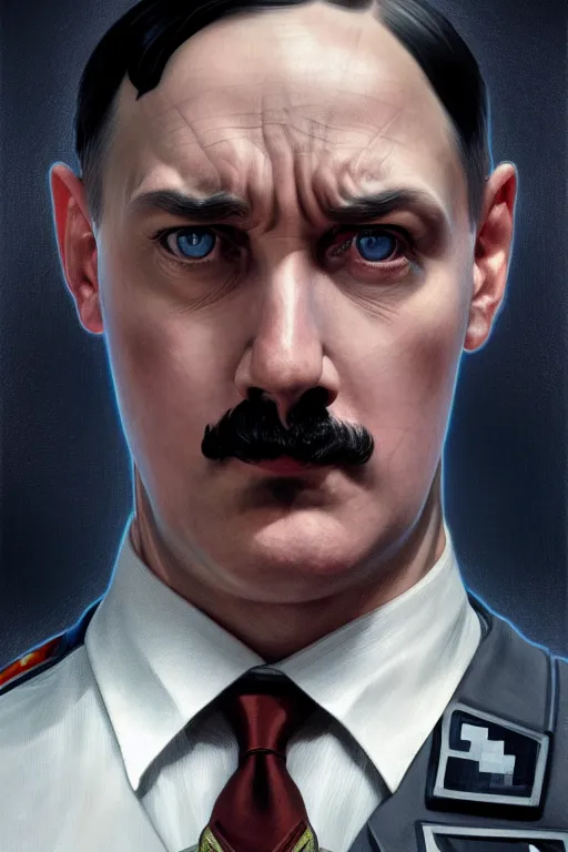 Image similar to adolf hitler as superman, realistic portrait, symmetrical, highly detailed, digital painting, artstation, concept art, smooth, sharp focus, illustration, cinematic lighting, art by artgerm and greg rutkowski and alphonse mucha