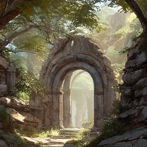 Image similar to concept art painting of an ornate ancient stone archway, in the woods, realistic, detailed, cel shaded, in the style of makoto shinkai and greg rutkowski and james gurney