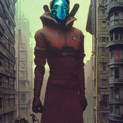 Image similar to portrait of masked cyberpunk scientist on the art deco streets of the Empire city, award-winning realistic sci-fi concept art by Beksinski, Bruegel, Greg Rutkowski, Alphonse Mucha, and Yoshitaka Amano