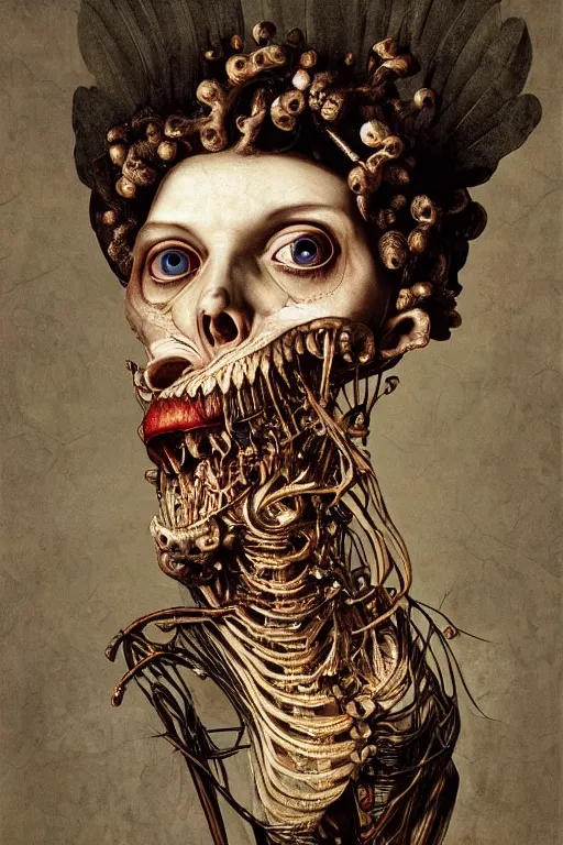 Prompt: Detailed maximalist portrait with large lips and with large eyes, sad exasperated expression, bones, HD mixed media, 3D collage, highly detailed and intricate illustration in the style of Caravaggio, dark art, baroque