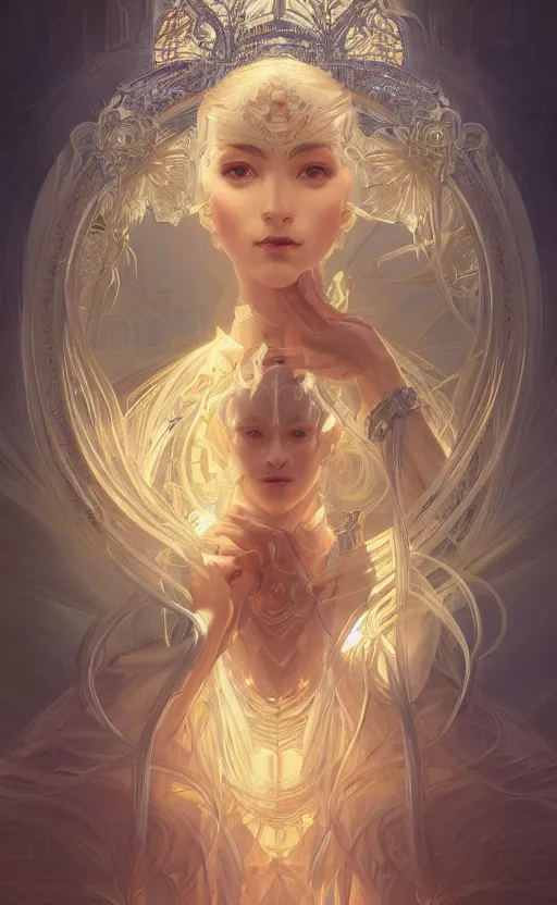 Prompt: symmetry!! portrait of beauty of heaven, intricate, elegant, highly detailed, digital painting, artstation, concept art, smooth, sharp focus, illustration, art by artgerm and ross tran and greg rutkowski and alphonse mucha, 8 k