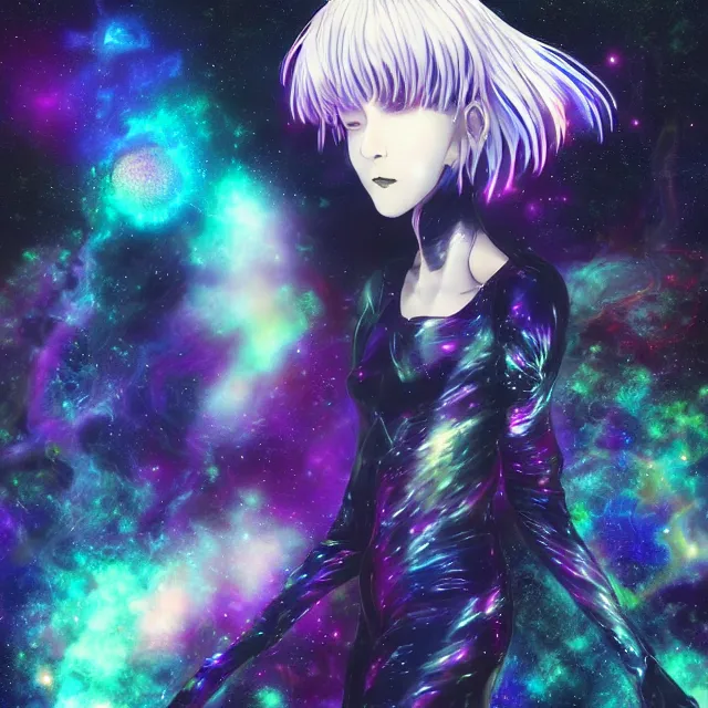 Image similar to rei ayanami, deep space, seascape, grimes, lain iwakura, silver hair, masterpiece by shikinami asuka langley, cosmos, psychedelic flowers, black opal, rainbow aura quartz, organic, oni compound artwork, of character, render, artstation, portrait, wizard, beeple, art, fantasy, epcot, psychedelic glitchcore