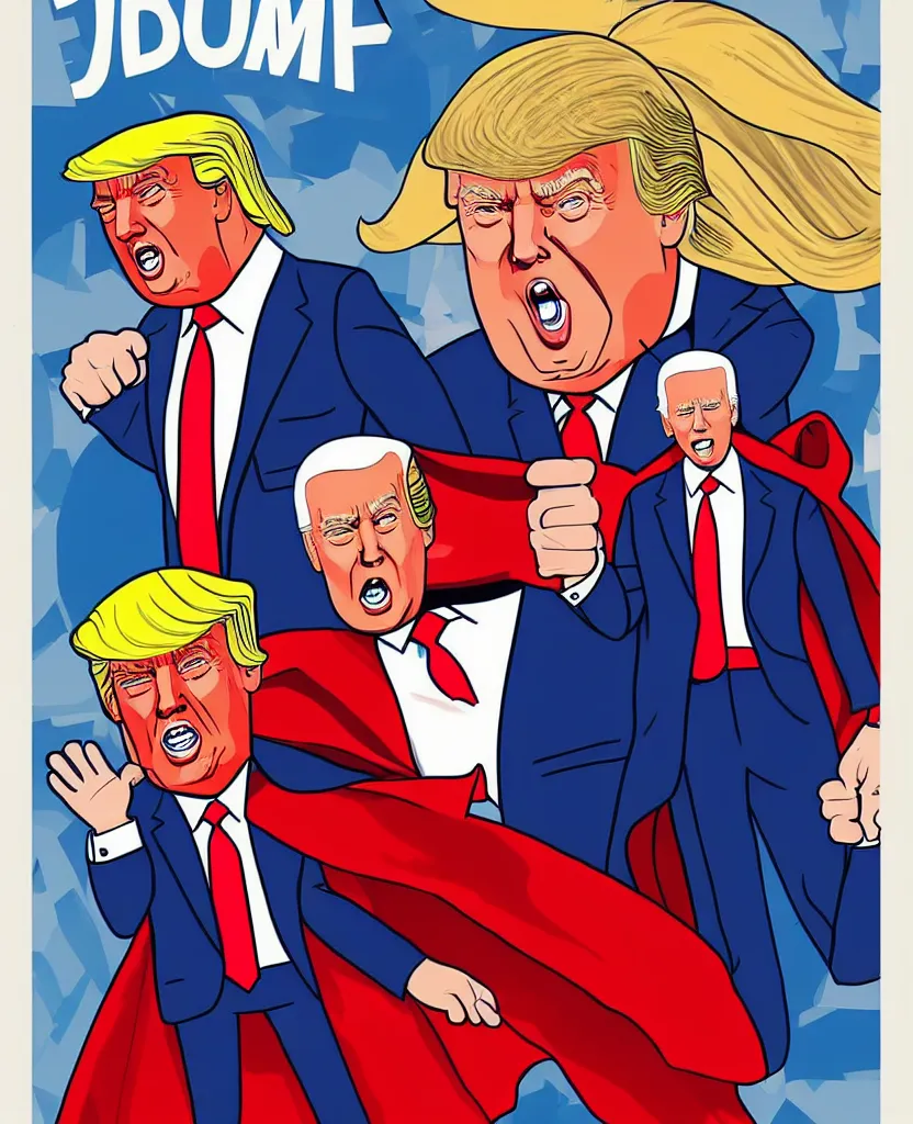 Image similar to a poster of donald trump in a superman with creepy joe biden costume by joe mangrum, trending on deviantart, futurism, movie poster, poster art, 3 2 k uhd, american propaganda, futurism, toyism