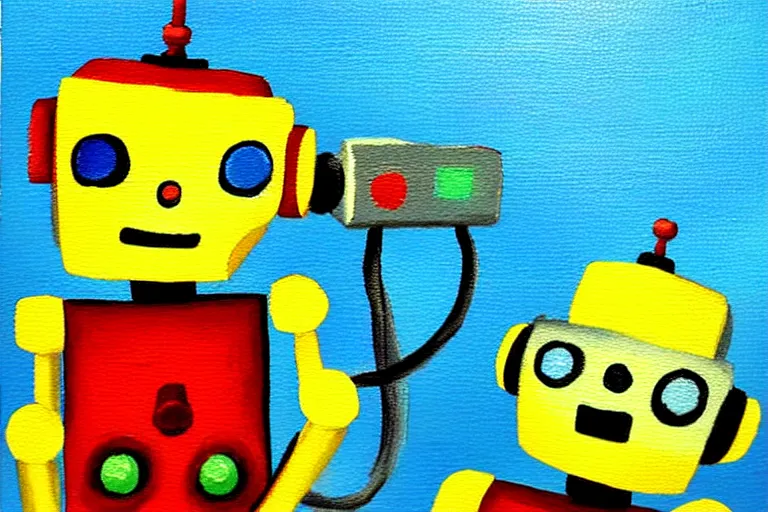 Prompt: a cute little robots painting by buckerminster fuler