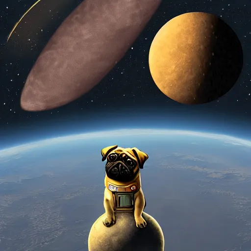 Image similar to Pug Astronaut stands on a ball that look like the moon, artstation