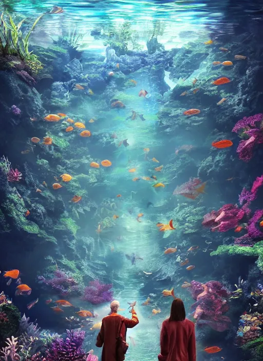 Image similar to people observing lots of beautiful fish in an underground aquarium corridor, in the style of frank neidhardt, fantasy art, ray tracing, water droplets, highly detailed, artstation trend, highly detailed and intricate, sharp focus, photography, unreal engine 5